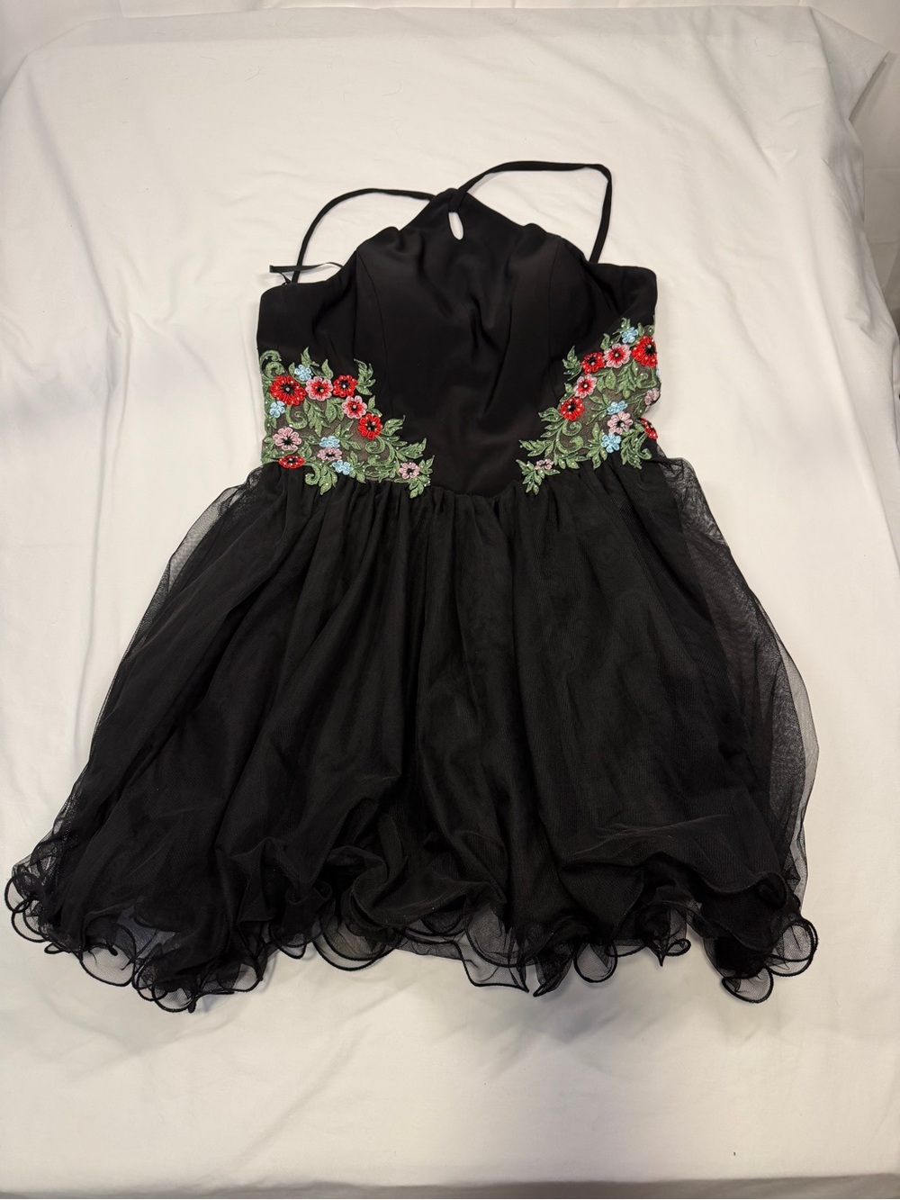 Blondie Nites by Stacy Sklar Embroidered Fairycore Lettuce Hem Lined Forml Dress
